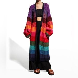 Farm Rio Rainbow Stripes Long Cardigan Sweater Midi Maxi Slouchy Cozy Luxury
